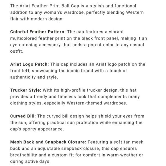 Ariat Feather Print Ball Cap, One Size Fits Most - Picture 9 of 10